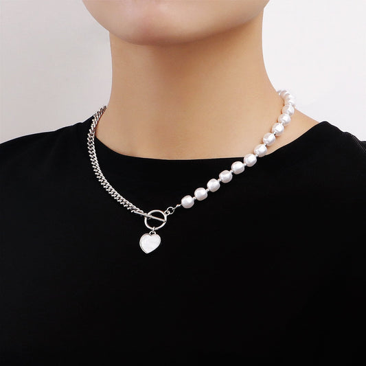 Jewelry stitching chain imitation pearl necklace love mother-of-pearl beaded necklace female clavicle chain light luxury feeling