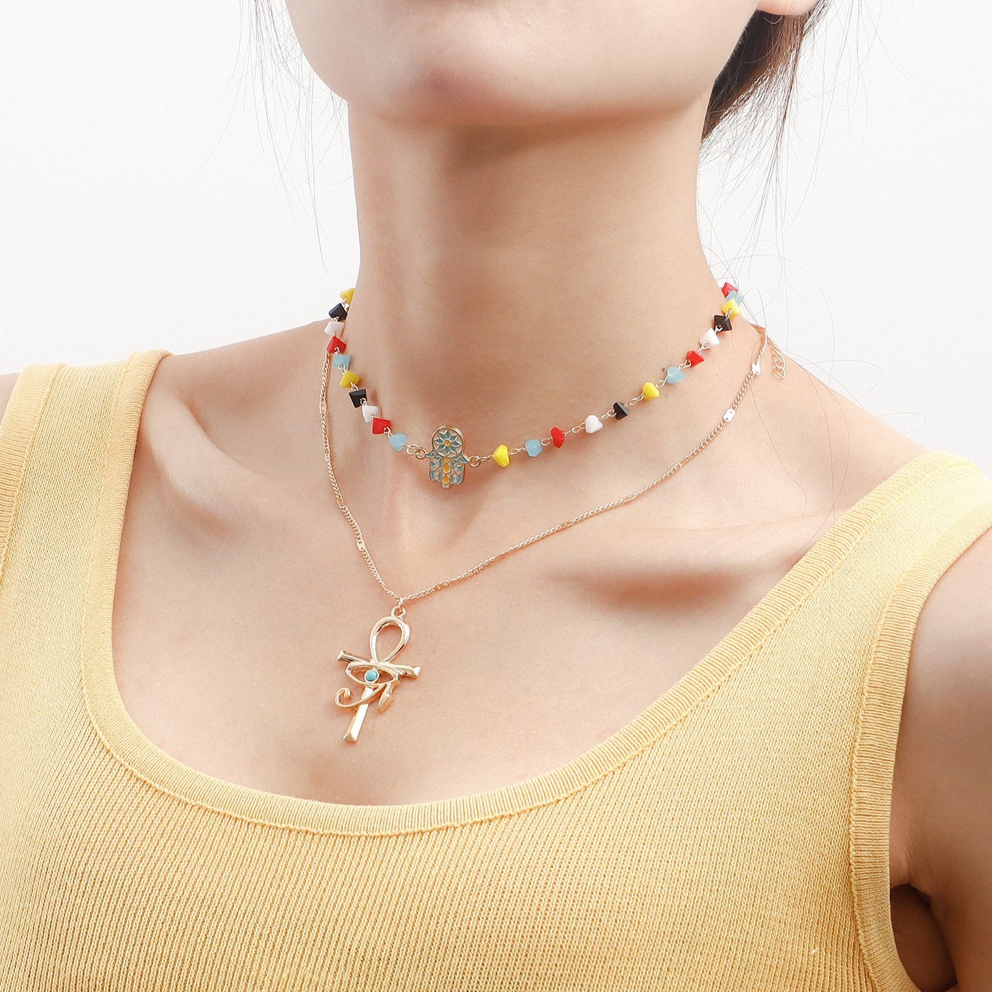 Jewelry trend double-layer color crystal stone cross necklace female niche high-end necklace light luxury