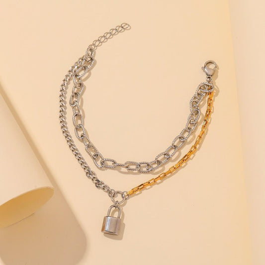 Hong Kong titanium steel hand jewelry ins simple creative two-color chain lock pendant double-layer bracelet street trend