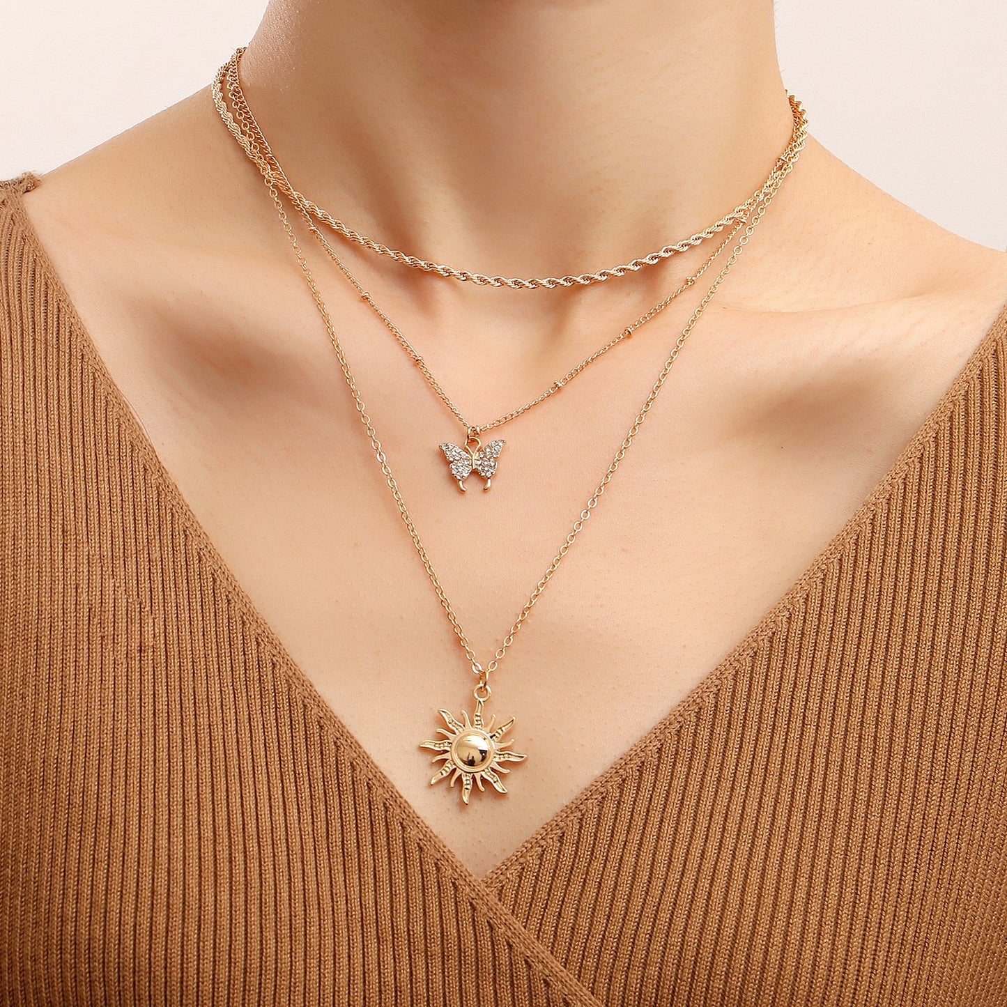 Jewelry trend double-layer micro-inlaid diamond butterfly sun pendant necklace female ins metal pendant