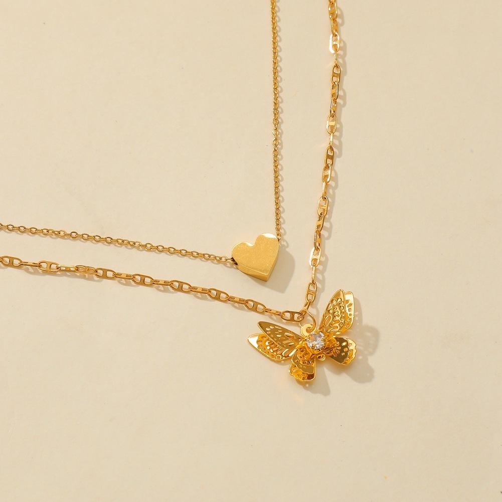 Ins niche light luxury titanium steel gold-plated double-layer necklace three-dimensional butterfly love pendant collarbone necklace