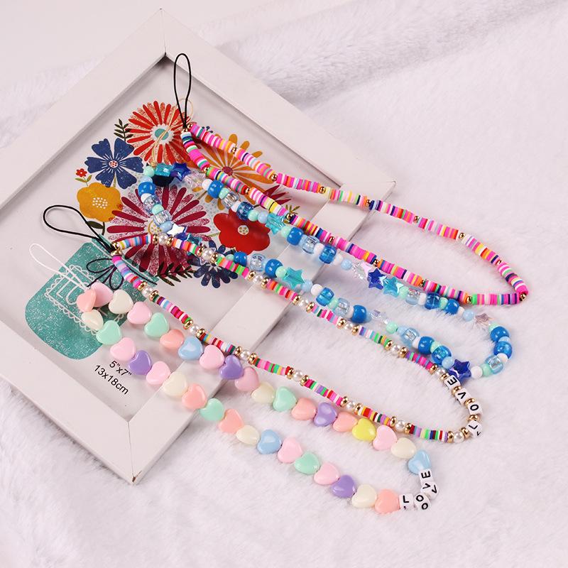 Simple Bohemian soft pottery peach heart mobile phone lanyard mixed color beads mobile phone chain female ornament