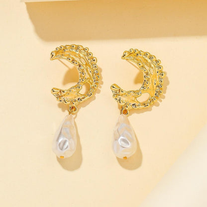Earrings fashion French Baroque drop-shaped pearl earrings temperament bumpy moon earrings for women
