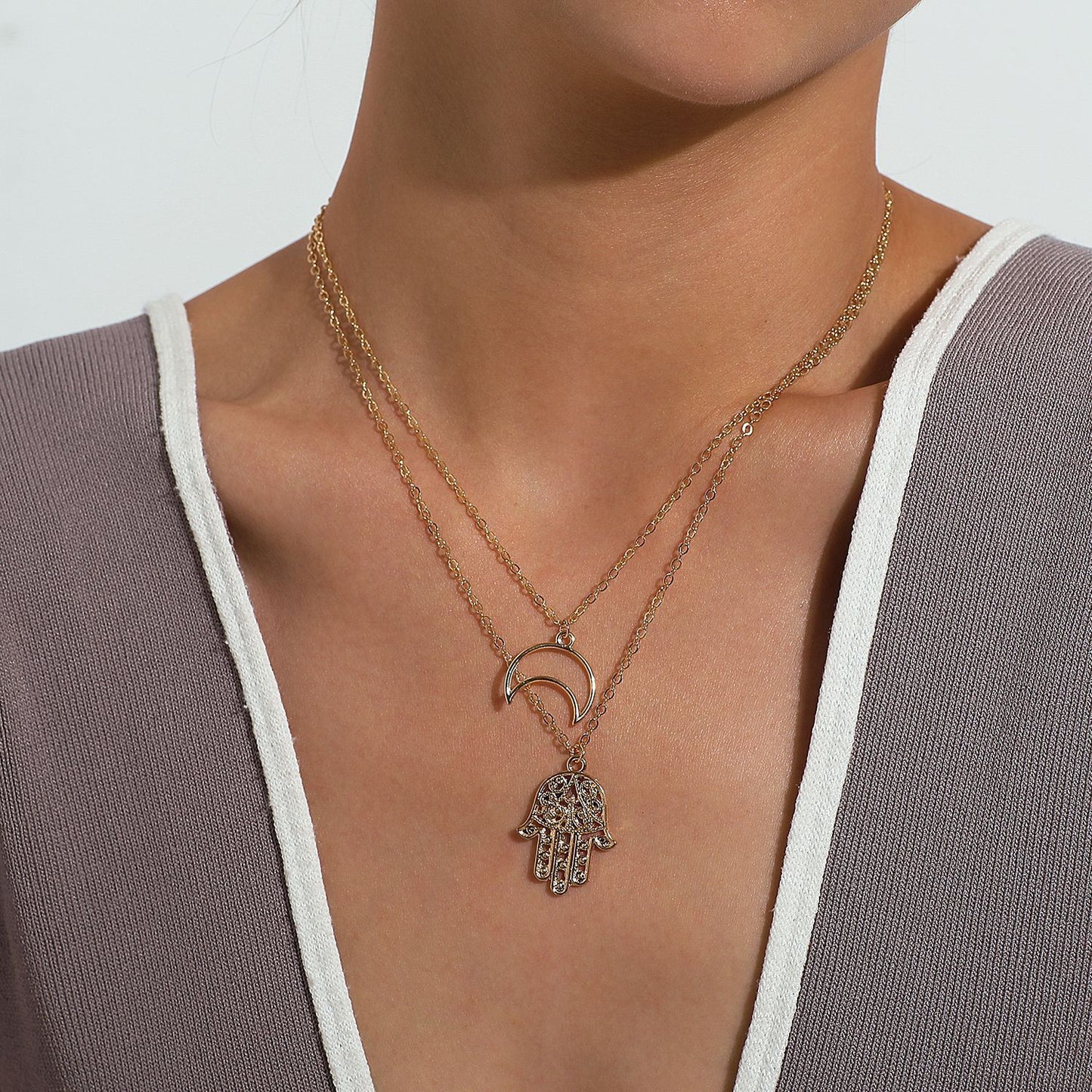 Jewelry Hollow Crescent Moon Fatima Hand Pendant Necklace Female Personality Adjustable Multilayer Necklace