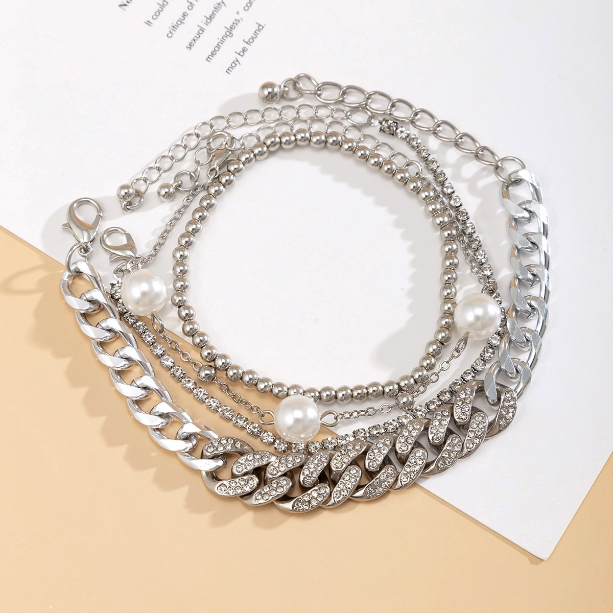 Jewelry Street Shot Imitation Pearl Round Bead Jewelry Punk Cuba Full Diamond Button Chain Bracelet Set