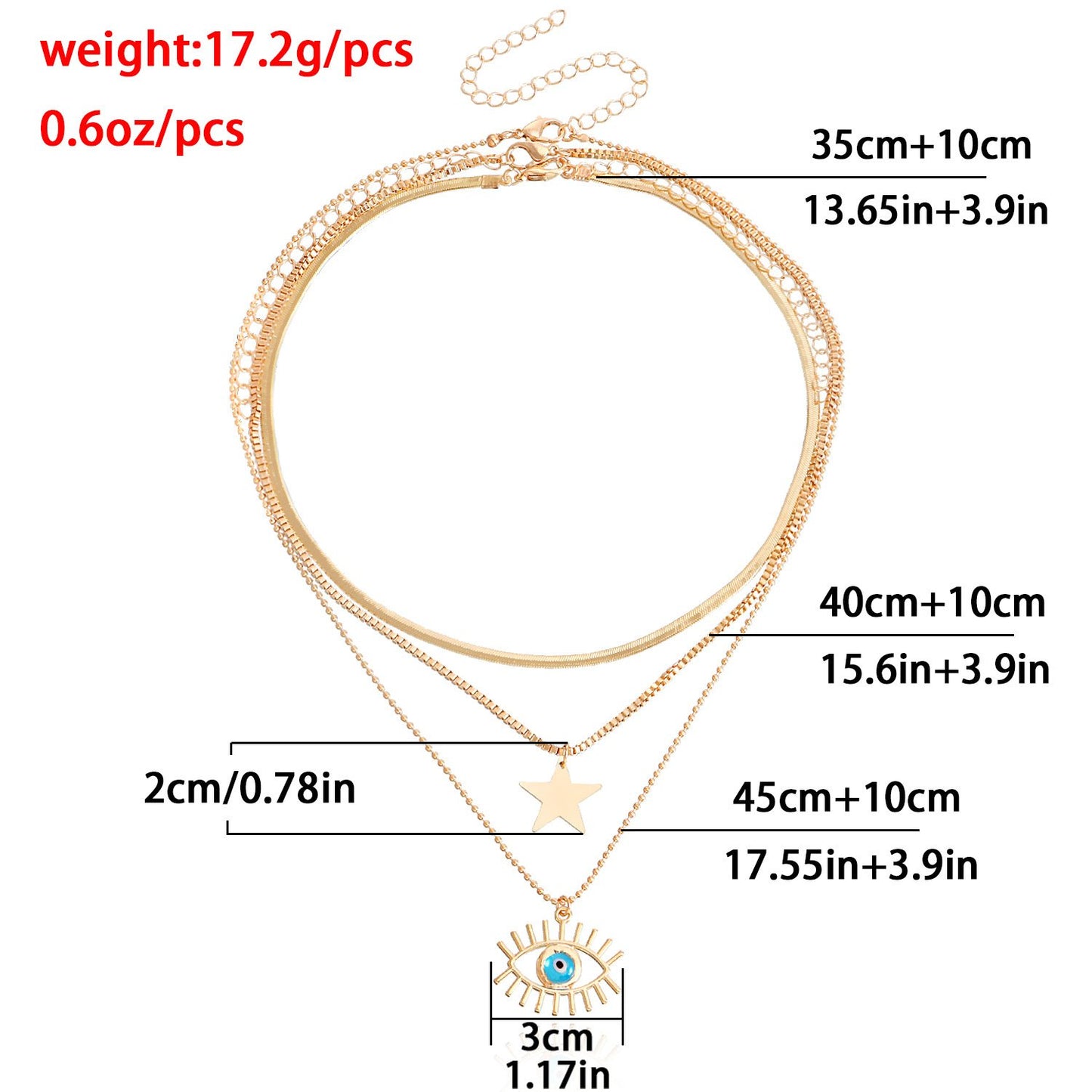 Jewelry cool multi-layer flat snake chain geometric pentagonal blue star devil's eye pendant necklace female