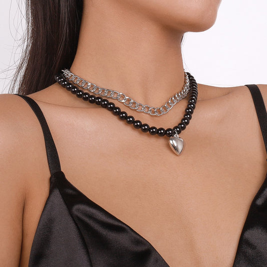 N1411 Ethnic Exaggerated Beaded Chain Necklace Heart Love Sweet Cool Multi-Layered Necklace Niche Necklace