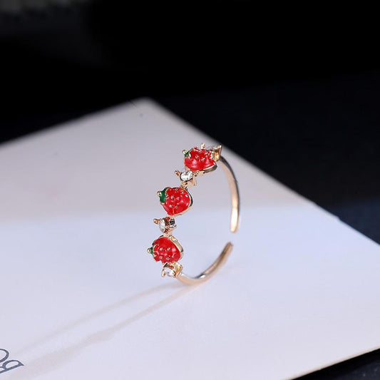 Small fresh cute playful red strawberry ring female simple diamond index finger knuckle ring student