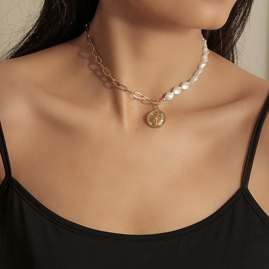 Simple stainless steel gold short round sun coin pendant ins titanium steel pearl necklace female