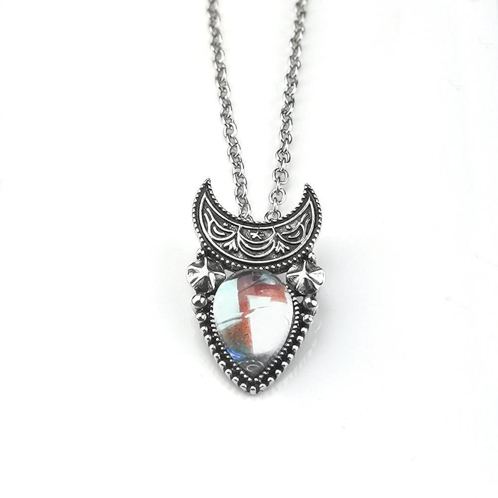 Jewelry Vintage Imitation Moonstone Moon Pendant Necklace Women Water Drop Bohemian Jewelry