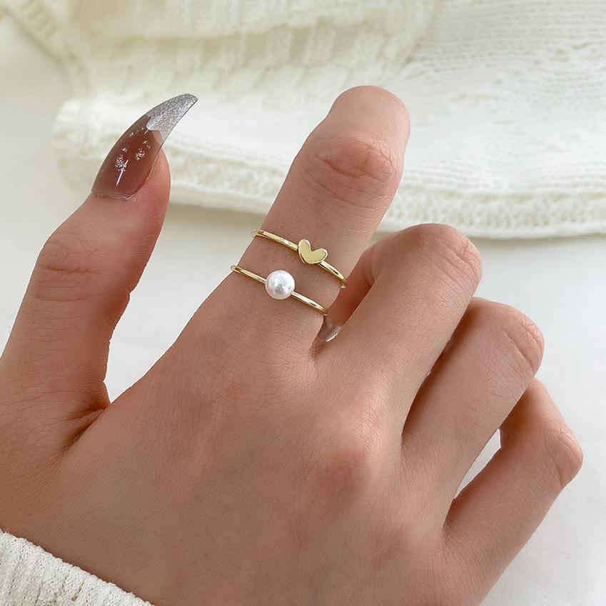 ins simple pearl love ring set fashion personality temperament stacked peach heart plain ring joint ring