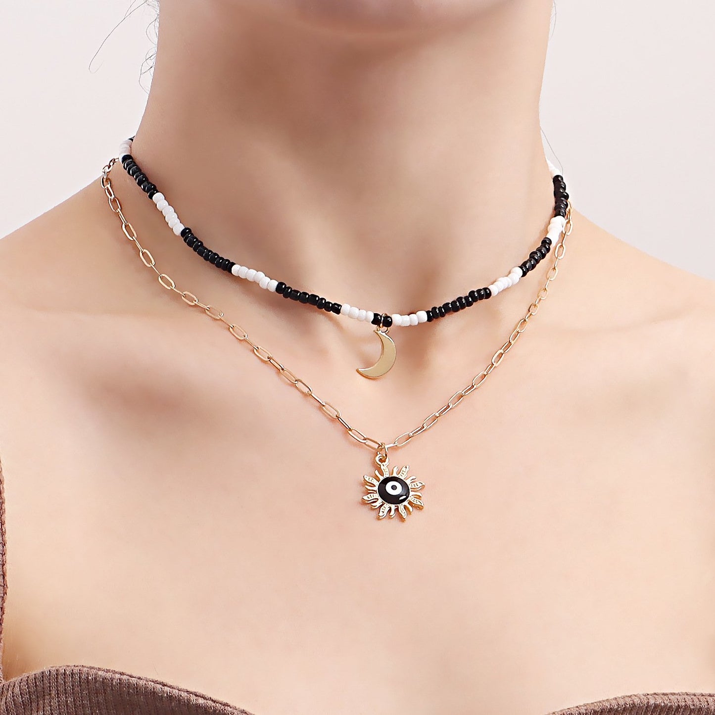Jewelry bohemian mix and match color rice bead crescent moon devil's eye pendant necklace female