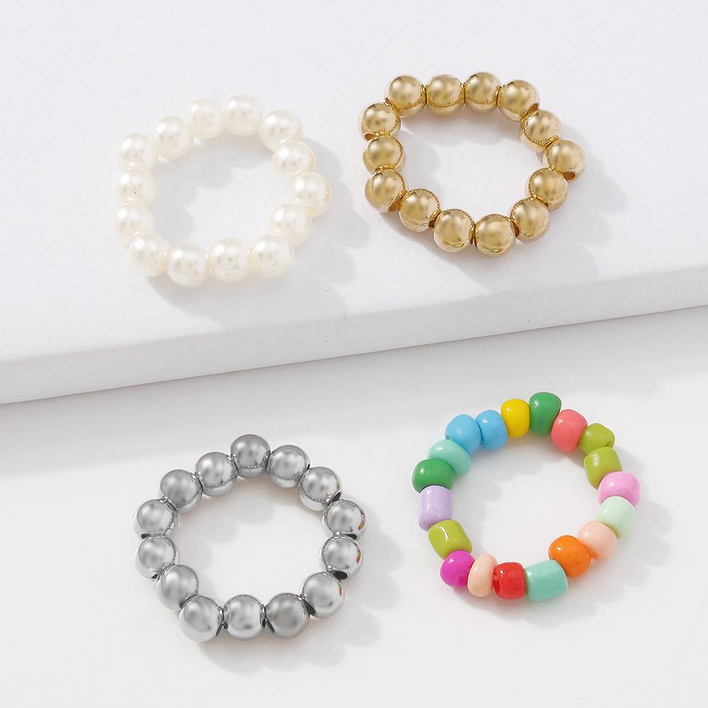 R679 Ethnic Temperament Ring Colorful Beaded Geometric Ring Retro Simple Exaggerated Pop Jewelry