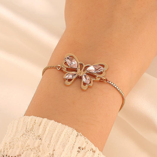 Ins Barbie Princess Butterfly Bracelet Fashion Light Luxury Pink Crystal Hollow Butterfly Bracelet Simple Jewelry