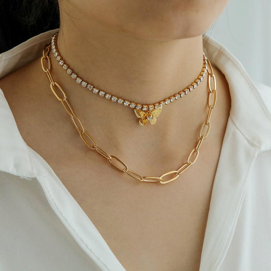 Dongdaemun creative full diamond three-dimensional hollow butterfly pendant necklace HIPHOP exaggerated thick chain fashion double layer necklace