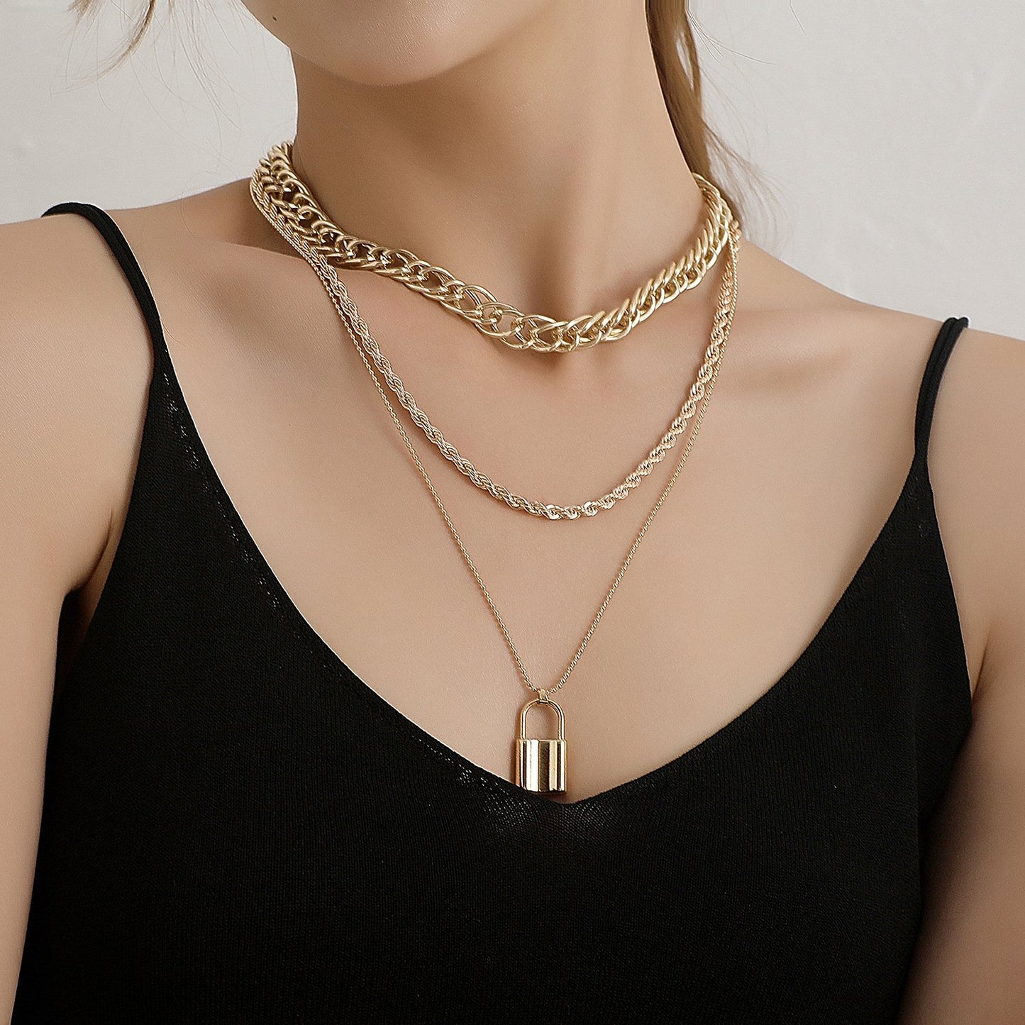 Jewelry Aluminum Alloy Thick Chain Key Hemp Rope Lock Necklace Ladies Versatile Multilayer Geometric Necklace