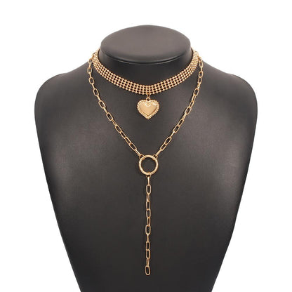 N9311 Exaggerated Personality Street Shot Back Chain Trendy Cool Ring Heart Necklace Geometric Alloy Double Layer Necklace Female