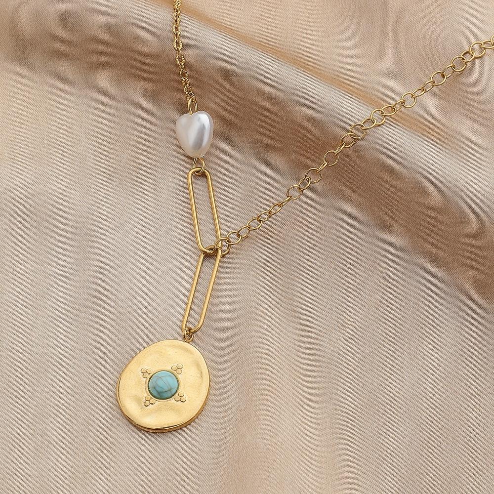 Fashion Simple Stainless Steel Gold Love Coin Pendant Titanium Steel Pearl Necklace Clavicle Chain Women