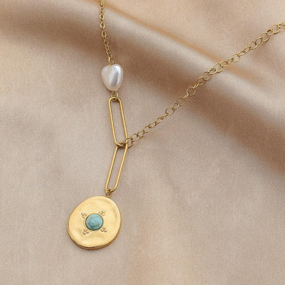 Fashion Simple Stainless Steel Gold Love Coin Pendant Titanium Steel Pearl Necklace Clavicle Chain Women