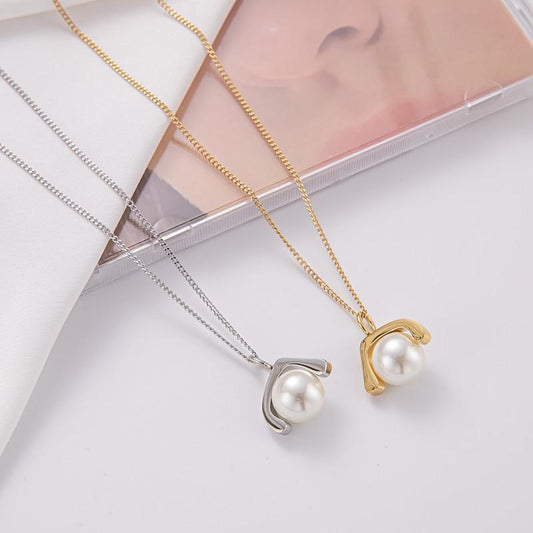 Pearl U-shaped necklace female niche design sense stainless steel temperament ins irregular retro fashion clavicle chain