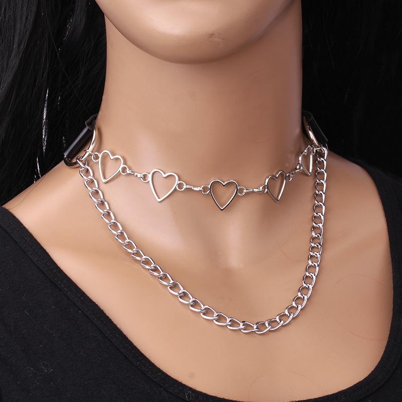 Jewelry punk metal chain peach heart pendant necklace dark pu double collarbone necklace
