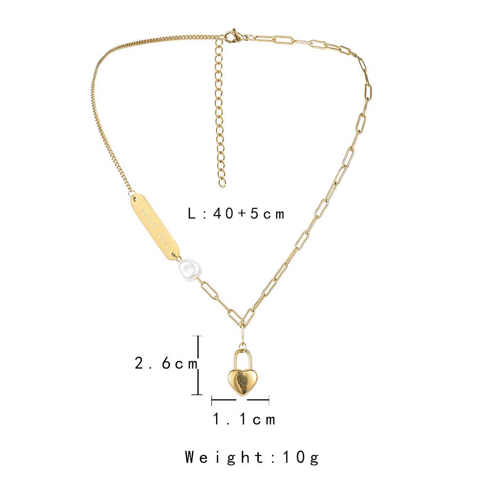 ins titanium steel gold-plated three-dimensional love lock pendant fashion square brand Imissyou temperament pearl necklace