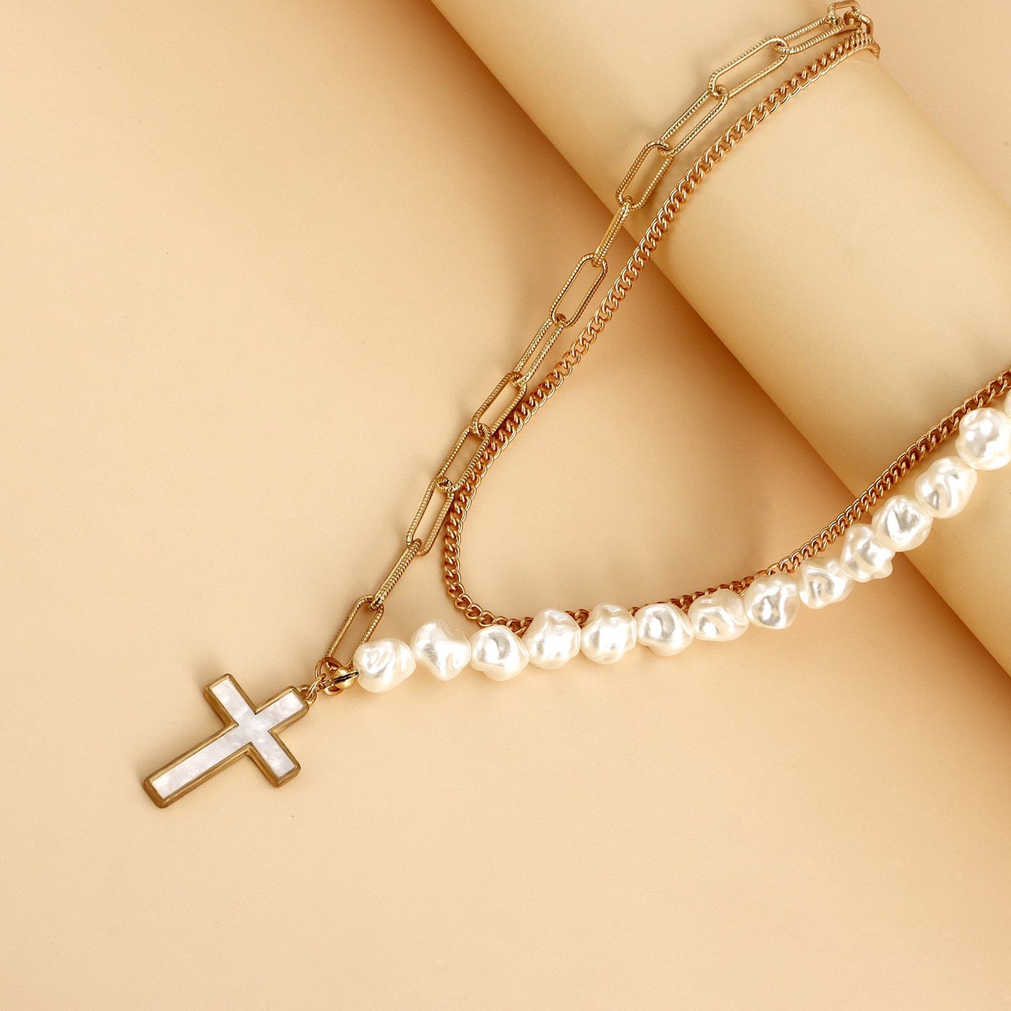 Jewelry fashion trendy double-layer splicing chain imitation pearl cross white mother-of-pearl pendant necklace female