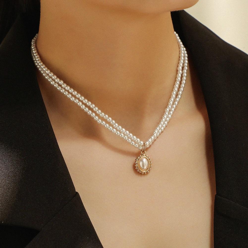 French retro pearl temperament double layer necklace fashion sun flower inlaid pearl pendant clavicle chain female jewelry