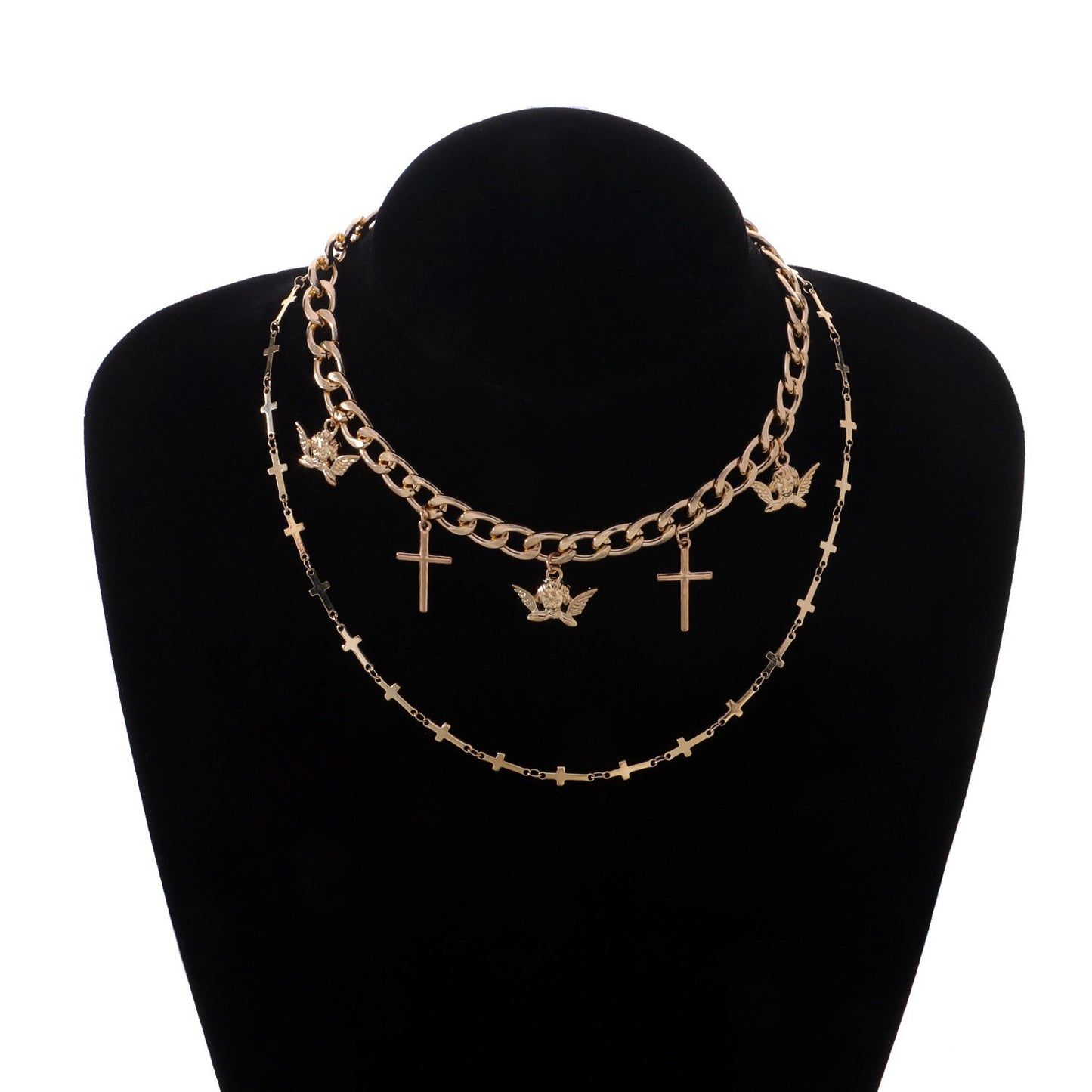 Jewelry Cross Angel Wings Pendant Necklace Double Layer Fashion Trend Metal Necklace