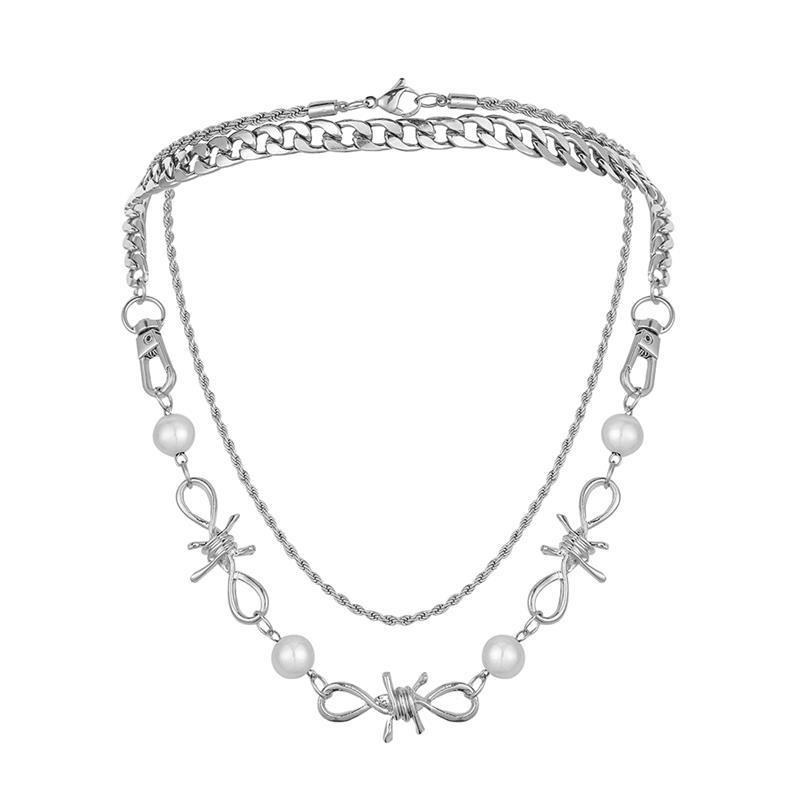 Exaggerated personality thorns splicing key chain reflective pearl stacked necklace twist Cuban clavicle chain