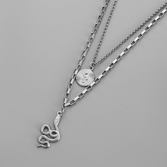 Domineering men's simple personality double-layer stainless steel coin totem pendant niche design snake stacked necklace
