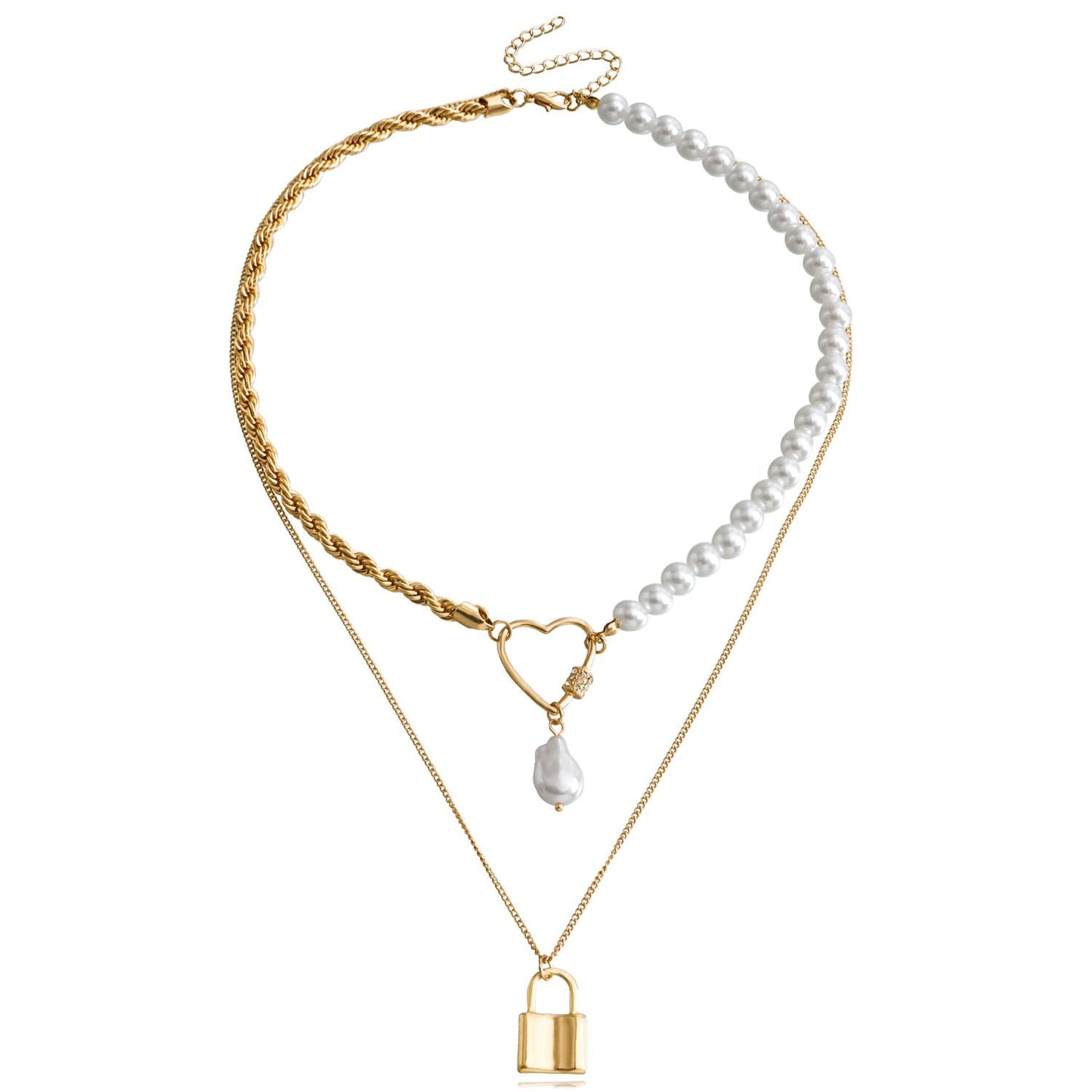 Fashion Temperament Love Padlock Combination Multi-Layered Wearing Exaggerated Necklace Niche Design Pearl Clavicle Chain Female