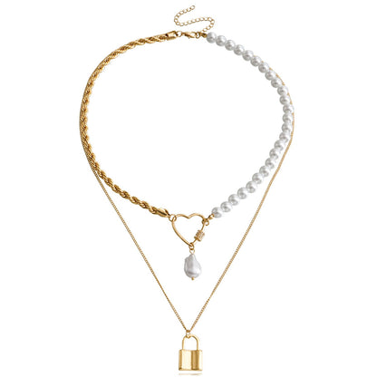 Fashion Temperament Love Padlock Combination Multi-Layered Wearing Exaggerated Necklace Niche Design Pearl Clavicle Chain Female