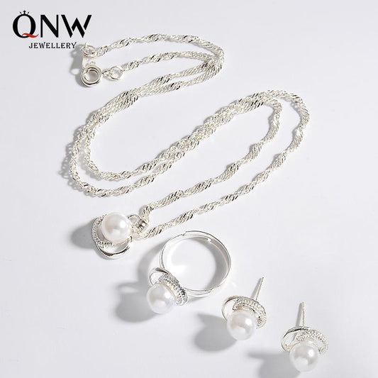 Pearl Earrings Necklace Set Wedding Reception Dress Accessories Elegant Three Piece Bridal Jewelry Set