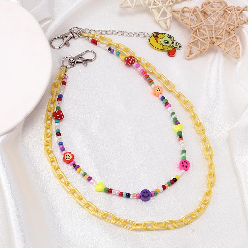 Fashion and versatile color rice beads resin chain double-layer pants chain cute cartoon little girl pendant decorative waist chain