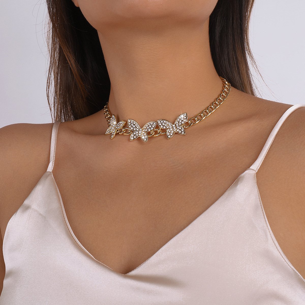 1348 Niche Design Necklace Full Diamond Butterfly Hiphop Hip Hop Necklace Retro Exaggerated Necklace