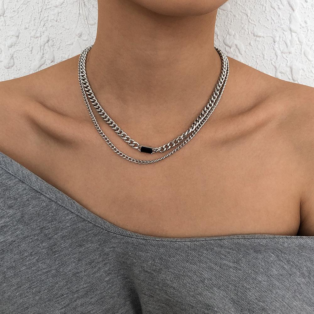 N938 Jewelry Metal Texture Stacked Necklace Personality Hip Hop Geometric Resin Double Layer Necklace Women