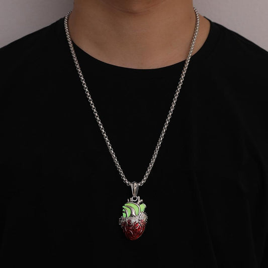 Simple Fashion Silver Pendant Chain Retro Personality Versatile Can Open Red Heart Luminous Single Men's Items