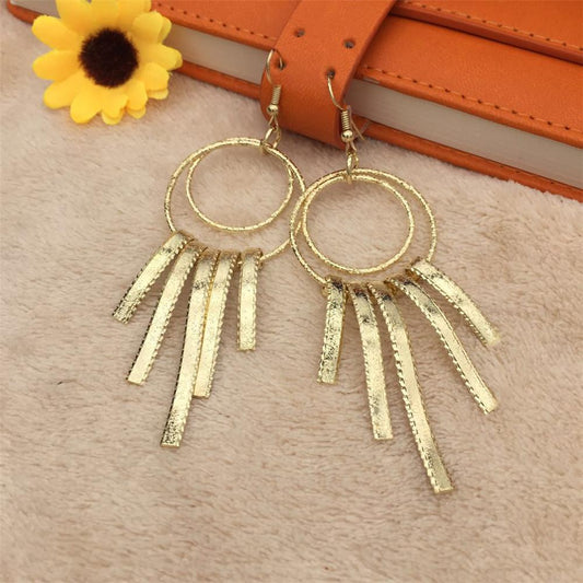 Simple round circle with multiple vertical stripes tassel earrings Yunnan minority fashion metal earrings