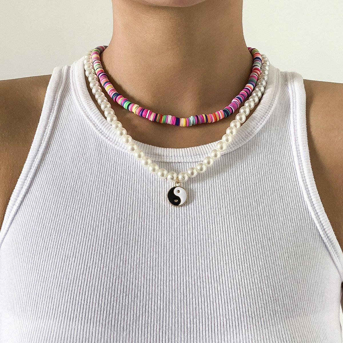 Jewelry Retro Soft Pottery Color Set Necklace Female Simple Tai Chi Imitation Pearl Geometric Necklace