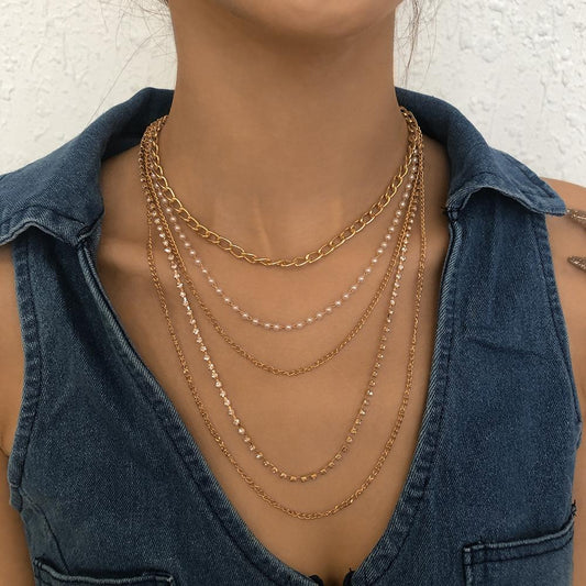 N8852 Jewelry Imitation Pearl Claw Chain Geometric Simple Necklace Retro Stacked Metal Necklace