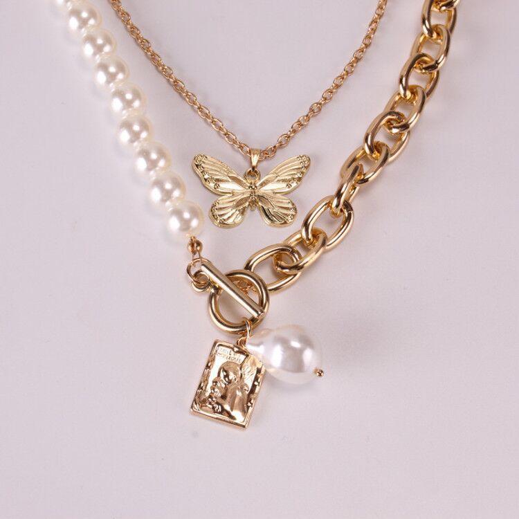 Baroque Pearl Jewelry Metal Butterfly Set Chain Retro Simple OT Buckle Necklace Multilayer Sweater Chain Necklace Female