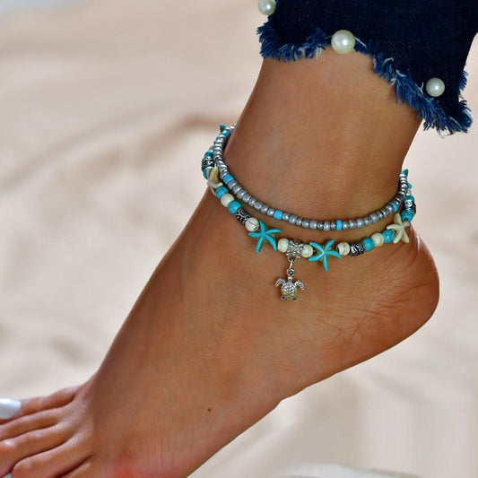 Conch Beads Yoga Anklet Sea Turtle Bracelet Beach Pendant Starfish Pearl Retro Turtle Anklet