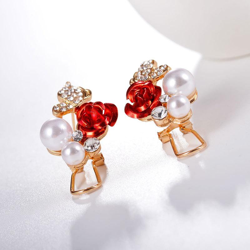Ear Clip Temperament Exquisite Fashion Rhinestone Pearl Rose Butterfly Bridal Earbuckle Earrings