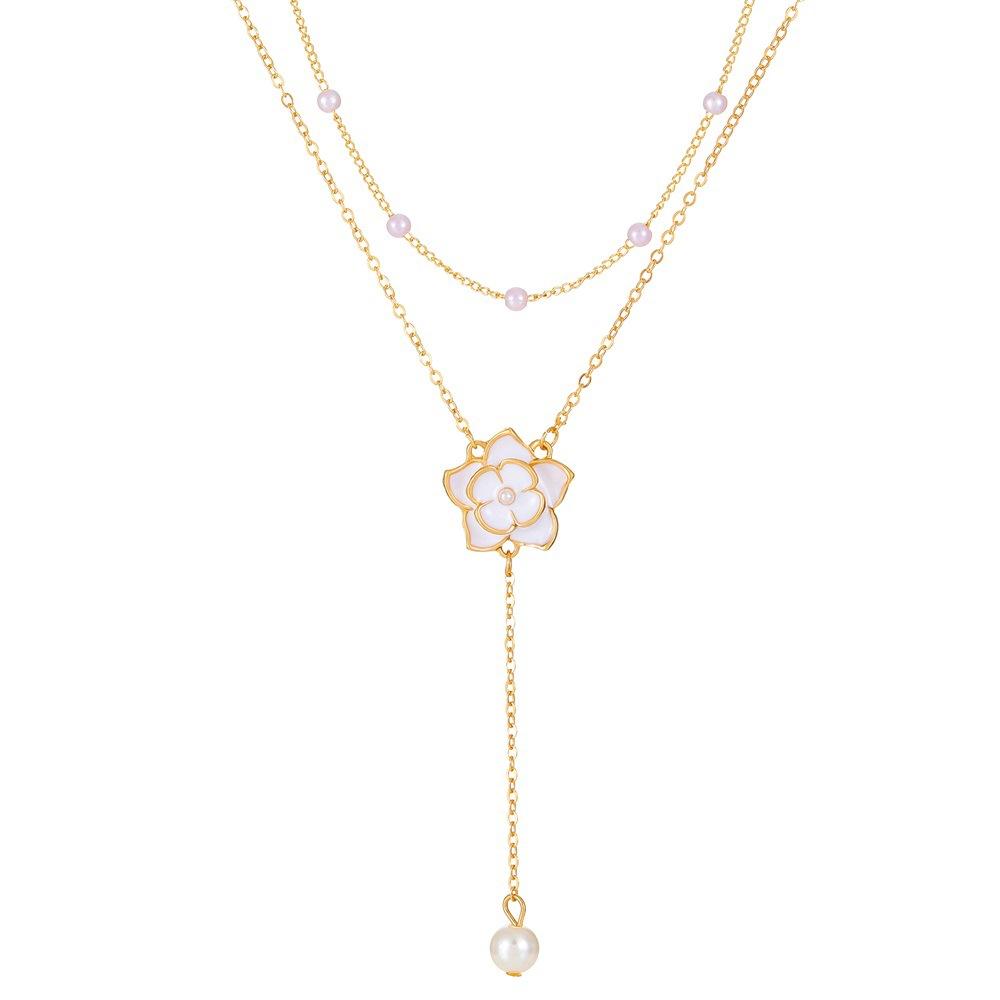 Ins double layered camellia necklace female fashion light luxury niche design pearl pendant sweater chain tide