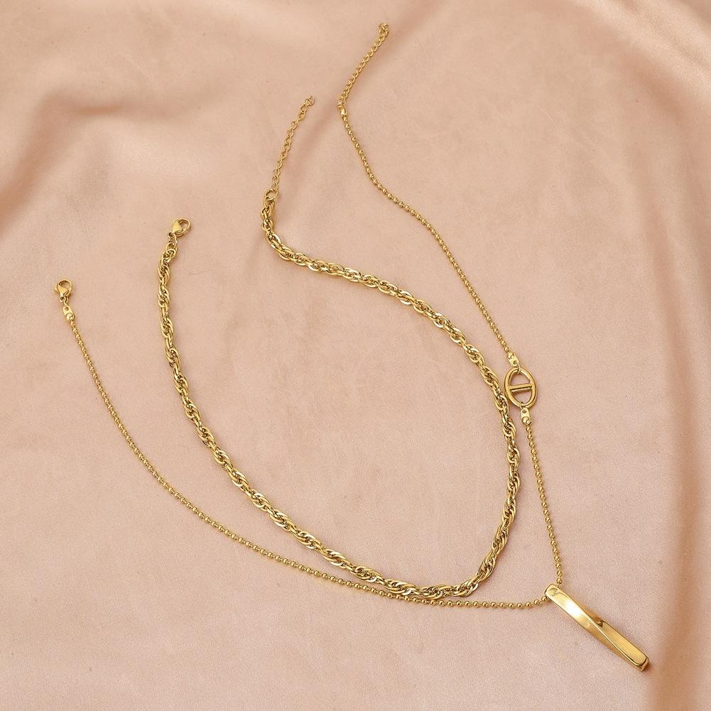 Fashion stainless steel gold double layer water wave chain titanium steel bar pendant necklace clavicle chain women