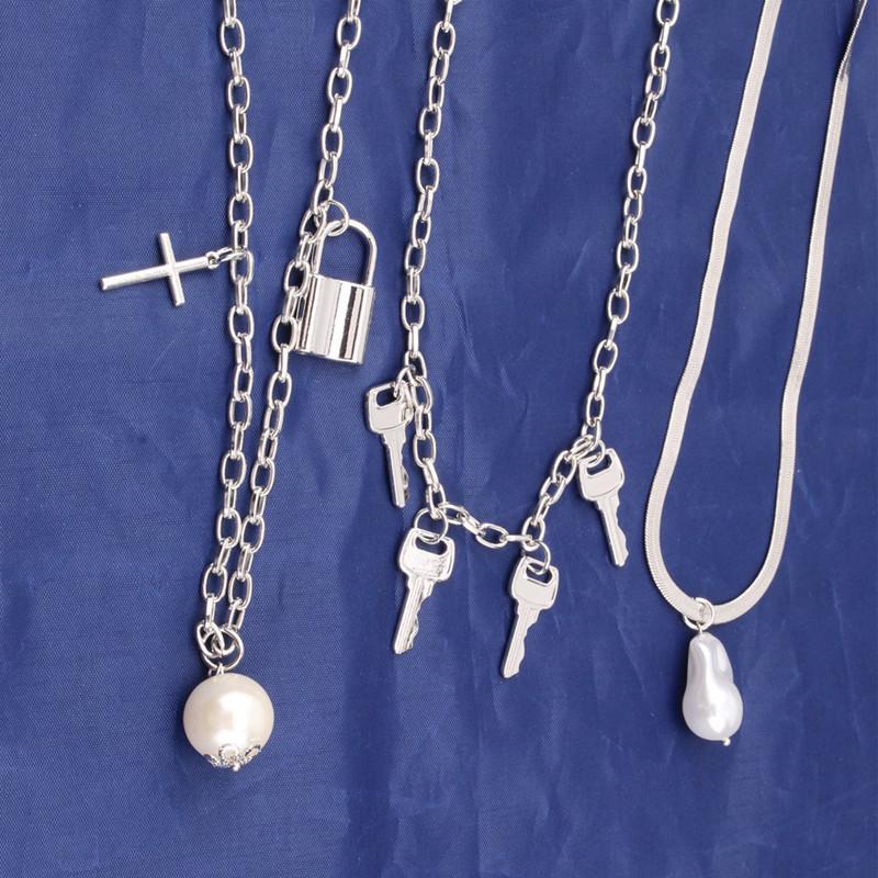 Jewelry retro shaped baroque cross multi-layer lock with key mix and match chain necklace