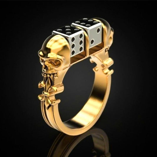 Personality Men's Punk Punk Domineering Golden Skull Dice Hip Hop Ring