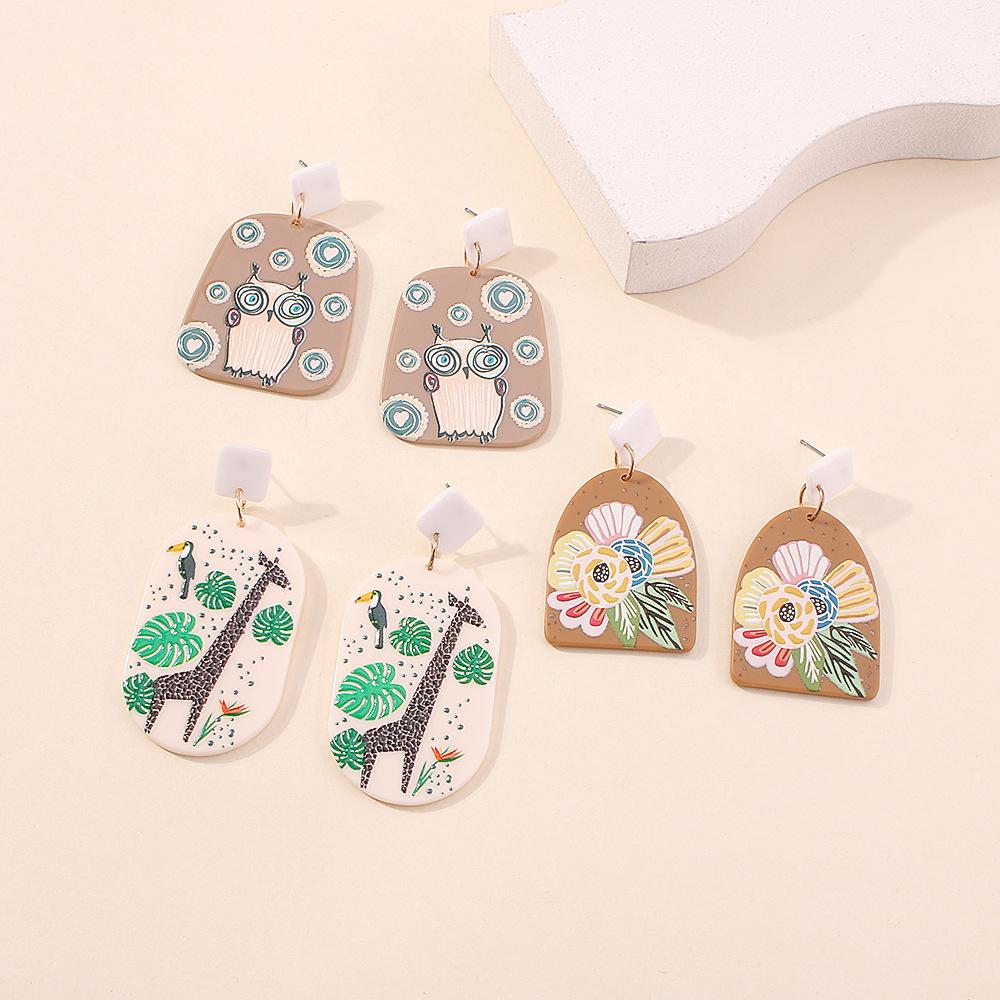 E9676 Earrings Female Cute Cartoon Owl Giraffe Earrings Creative Geometric Fun Earrings