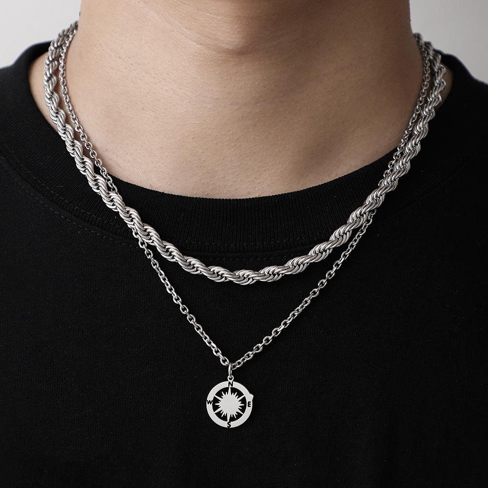 Light luxury niche titanium steel necklace male ins indifferent compass street clavicle chain double tide twist chain